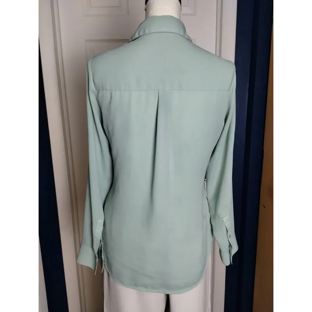 Express Sage Green Button Up Blouse Roll Tap Sleeve Lightweight Elevated Basic - Picture 4 of 8
